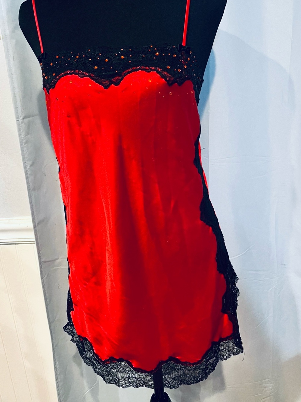 Victoria's Secret SP Red Satin Chemise with Black Lace & Red Rhinestone Trim